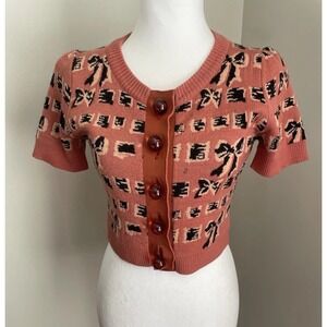 Vintage Betsey Johnson Cardigan M Wool Bow Crop Sweater Retro Kitsch Cottage Coq